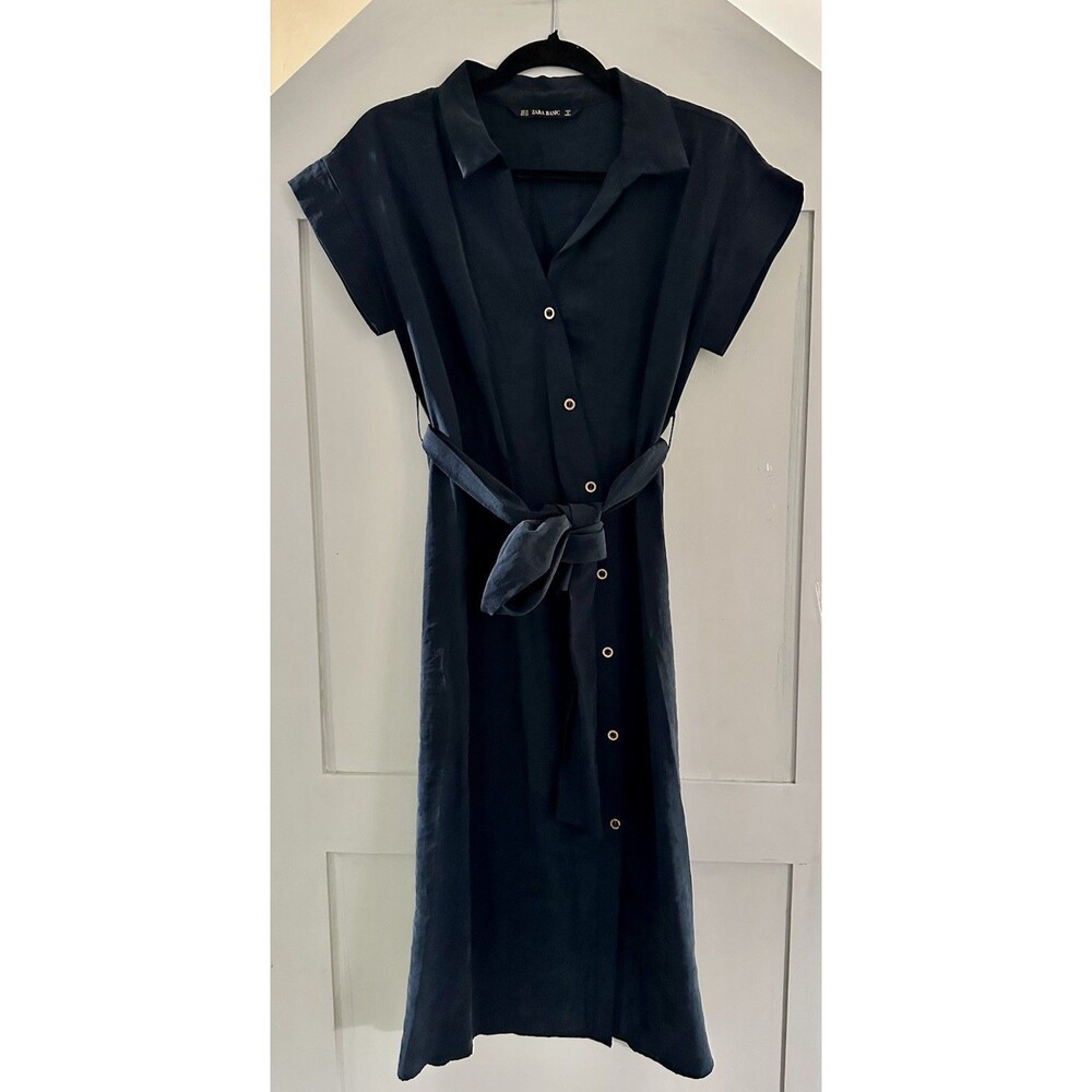 Zara Basic Navy Blue Button Down Short Sleeve Mid… - image 1